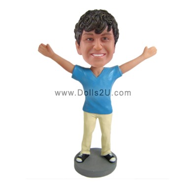  Custom Male In T-shirt With Both Arms In The Air Bobblehead Item:1512729