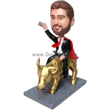 Superhero Boss Holding Money Riding Golden Bull