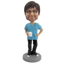 (image for) Father's Day Gift Custom Male In T-shirt Holding A Cup Of Coffee Bobblehead