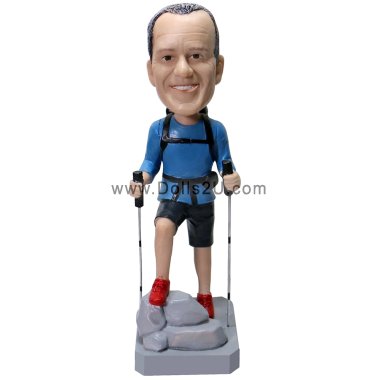 Male Backpacker with Walking Sticks Custom Bobblehead Gift