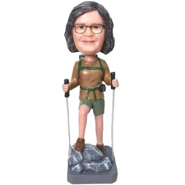(image for) Custom Female Backpacker Bobblehead With Walking Sticks Bobblehead Gift