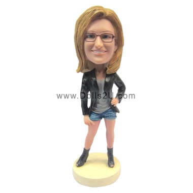 (image for) Custom Female In Black Jacket And Short Jeans Bobblehead