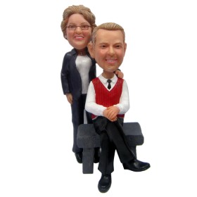 (image for) Custom Bobbleheads Old Couple Sitting on a Bench Wearing Casual Clothes Anniversary Gift