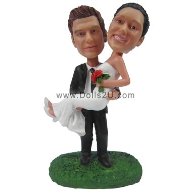 Custom Wedding Bobbleheads Handsome Groom Carrying Gorgeous Bride In His Arms Cake Topper