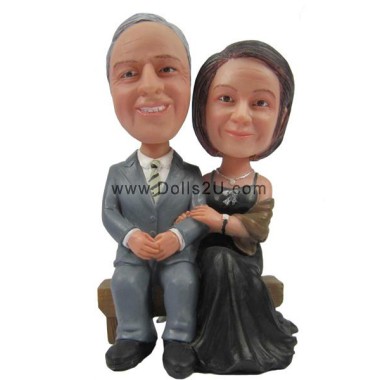 (image for) Custom Bobbleheads Old Couple Sitting on a Bench Wearing Suit and Dress Anniversary Gift