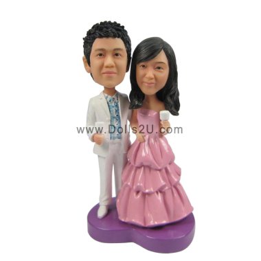 Wedding Bobbleheads Cake Topper Bride Holding Wine Glasses