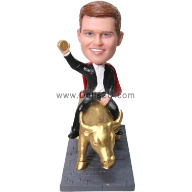  Custom Superhero Boss Holding A Bitcoin Riding Golden Bull Bobblehead Item:48666