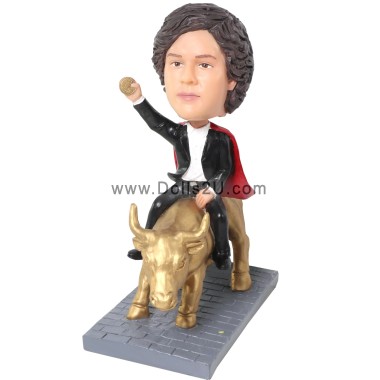  Custom Superhero Boss Holding A Bitcoin Riding Golden Bull Bobblehead Item:48666