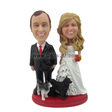 (image for) Custom Groom And Bride Bobbleheads With Pets, Personalized Wedding Statue With Pets