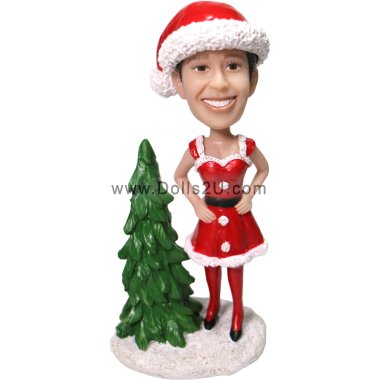 Custom Bobblehead Female Santa Claus with Christmas Tree, Personalized Mrs. Santa Claus Bobblehead Christmas gifts