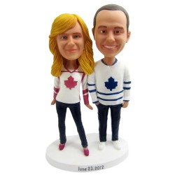 Custom Bobbleheads Sports Fans Couple in Long Sleeve Jerseys Any Team Jerseys and Logos