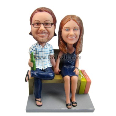(image for) Custom Bobbleheads Couple Sitting In The Chair Holding Beer Anniversary Gift