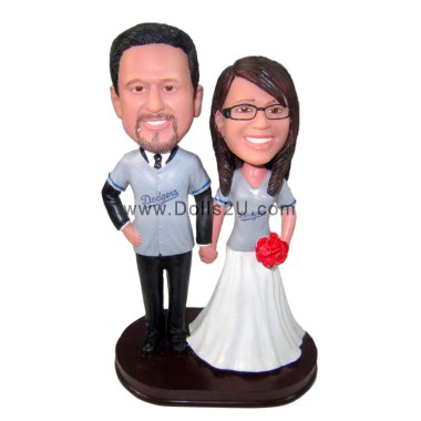 Custom sports fans weddding bobbleheads couples in jerseys wedding cake topper
