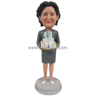 Custom Bobblehead Corporate Lady In Formal Outfit Celebrating Birthday
