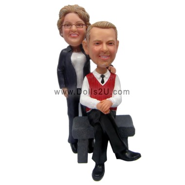 (image for) Custom Bobbleheads Old Couple Sitting On A Bench Wearing Casual Clothes Anniversary Gift