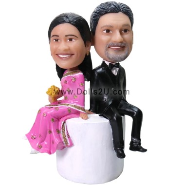 (image for) Custom Wedding Bobbleheads Indian Bride And Groom Sitting On Cake Topper