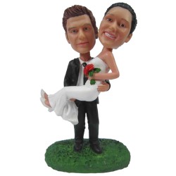 (image for) Custom Wedding Bobbleheads Handsome Groom Carrying Gorgeous Bride In His Arms Cake Topper