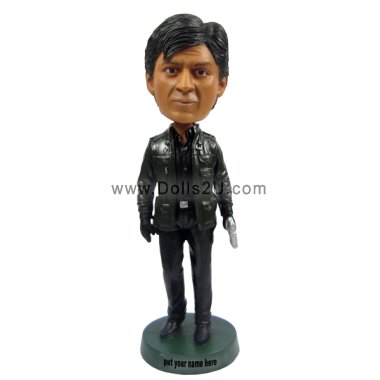 Custom Bobblehead Handsome Male In Leather Jacket Holding Pistol In One Hand