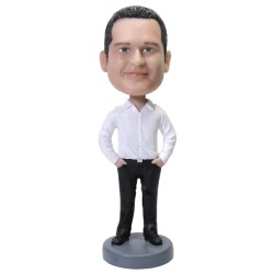 White Shirt Office Male with Hands in Pocket - Premium Custom Bobbleheads Boss Gifts