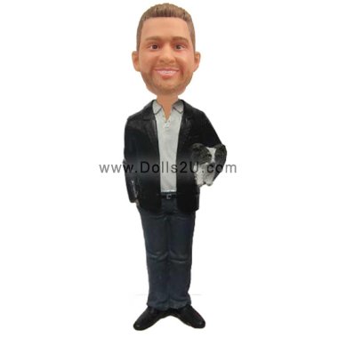 Custom bobbleheads casual male carrying his dog