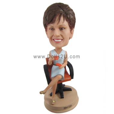 Custom Bobblehead Female Boss Sitting On A Computer Chair Drinking Coffee