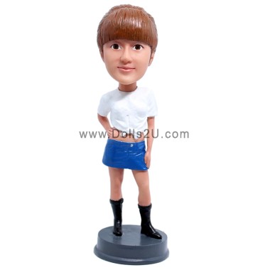 Casual Lady Wearing T-shirt and Short Skirt Custom Bobblehead