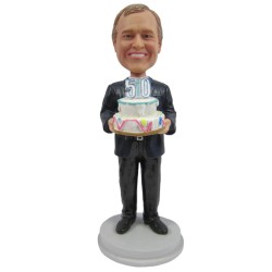 Custom Bobblehead Male Holding A Birthday Cake