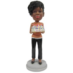 Custom Bobblehead Female Holding A Birthday Cake
