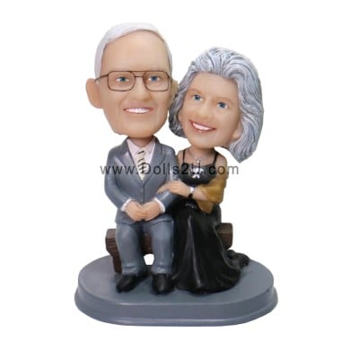 (image for) Custom Bobbleheads Old Couple Sitting On A Bench Wearing Suit And Dress Anniversary Gift