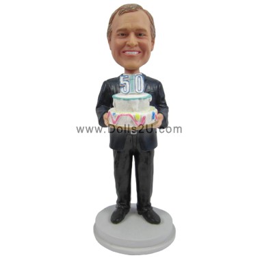 Custom Bobblehead Male Holding A Birthday Cake