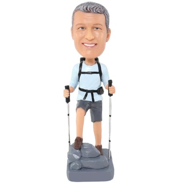 (image for) Male Backpacker with Walking Sticks Custom Bobblehead Gift