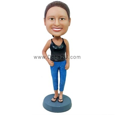  Custom Casual Lady Wearing Tank Top And Flip Flops Bobblehead Item:13969