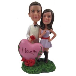 (image for) Custom Bobbleheads Couple Standing Behind A Love Heart Holding a Bouquet Anniversary Gift Cake Topper