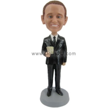  Custom Male Executive In Black Suit Holding Money Bobblehead Item:13669