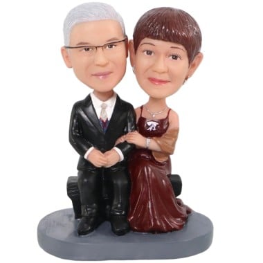 (image for) Custom Bobbleheads Old Couple Sitting on a Bench Wearing Suit and Dress Anniversary Gift
