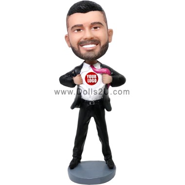 Custom superhero businessman bobblehead - your logo on the chest gift from your photos
