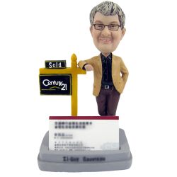 Custom bobblehead realtor male business card holder with your company logo