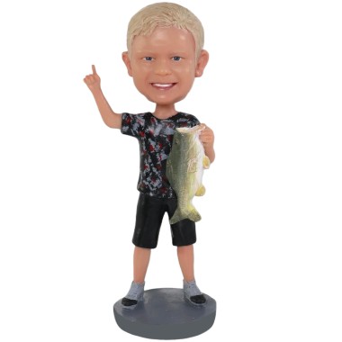 (image for) Personalized Kids Fishing Bobblehead – Custom Young Angler Figurine Holding Fish, Outfit Color Can Be Changed Item:56428