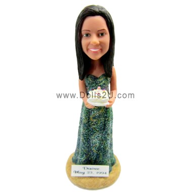 Custom Bobblehead Female Holding A Birthday Cake