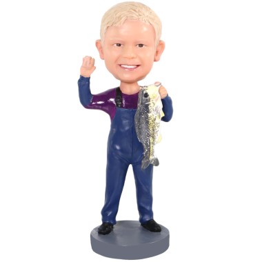 (image for) Custom Kids Fishing Bobblehead – Personalized Child Fisherman Figurine With Big Catch, Clothing Color Customizable Item:56427