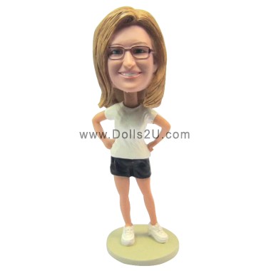 (image for) Custom Female In T-Shirt And Shorts With Hands In Hips Bobblehead