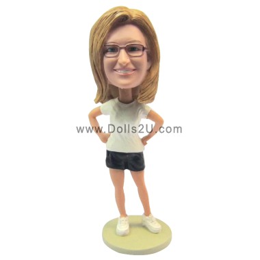  Custom Female In T-Shirt And Shorts With Hands In Hips Bobblehead Item:52345