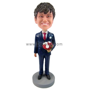 Custom Bobblehead Male In Suit Holding A Bouquet Of Flowers