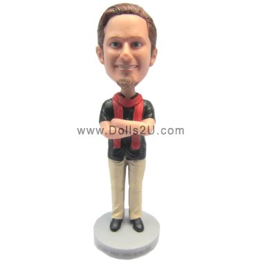 Custom Bobblehead Casual Man In Scarf With Engraved Text