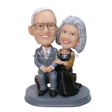 Custom Bobbleheads Old Couple Sitting on a Bench Wearing Suit and Dress Anniversary Gift