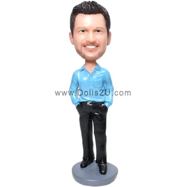 Custom Casual Handsome Blue Shirt Bobbleheads Gifts Sculpted from Your Photos