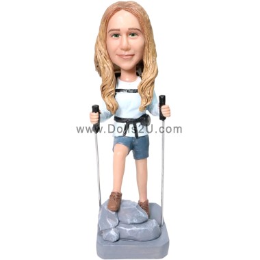 (image for) Custom Female Backpacker Bobblehead With Walking Sticks Bobblehead Gift