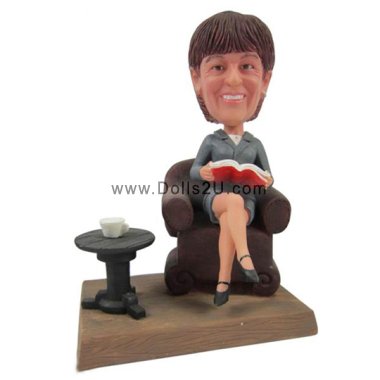 Custom Bobblehead Business Woman Sitting On A Couch Reading A Book
