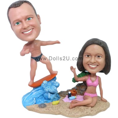 (image for) Custom Surfing Couple Bobbleheads Anniversary Gift