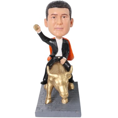 (image for) Superhero Boss Holding A Bitcoin Riding Golden Bull